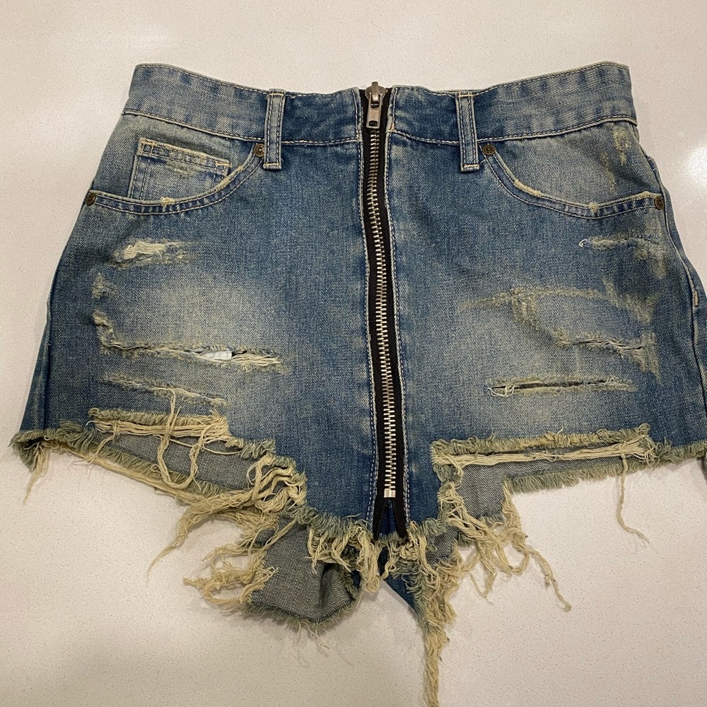 Unif distressed denim shorts with front zip